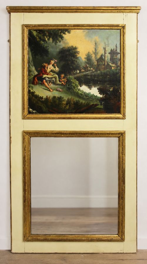 Large French Trumeau Mirror with Pastoral Oil Painting, C.1890