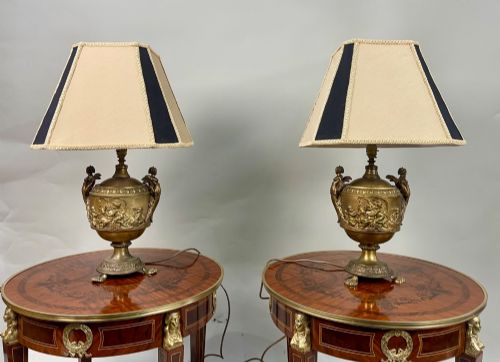 Pair of French Gilt Bronze Urn Lamps with Putti Reliefs C.1900