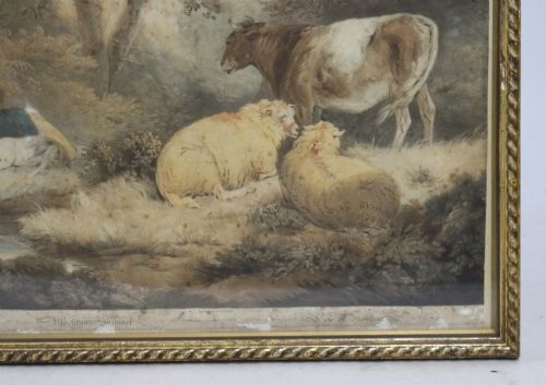 fig 1. A framed Georgian coloured mezzotint depicting a resting figure, a dog, cattle, and sheep in a countryside landscape within a gilt twist-moulded frame.