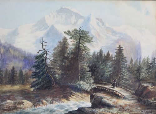 fig 1. A framed watercolour painting depicting snow-capped alpine mountains behind evergreen trees and a small wooden bridge over a stream, presented in a dark mount and gilt frame.