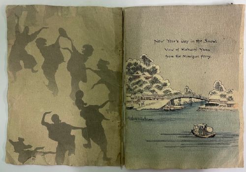 An open Japanese crepe paper calendar from 1903 displaying muted woodblock illustrations and crinkled paper texture. View III