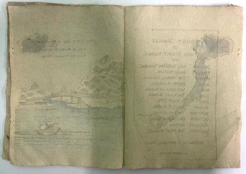 An open Japanese crepe paper calendar from 1903 displaying muted woodblock illustrations and crinkled paper texture. View IV