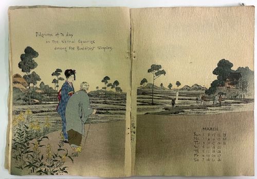 An open Japanese crepe paper calendar from 1903 displaying muted woodblock illustrations and crinkled paper texture. View VI