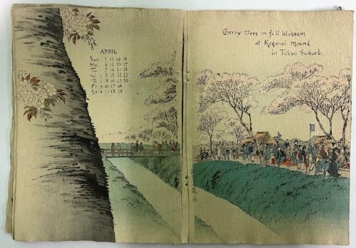 An open Japanese crepe paper calendar from 1903 displaying muted woodblock illustrations and crinkled paper texture. View VII