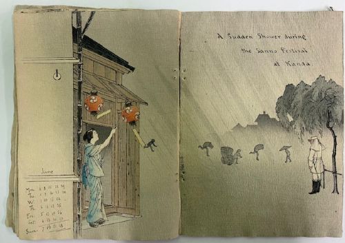 An open Japanese crepe paper calendar from 1903 displaying muted woodblock illustrations and crinkled paper texture. View IX