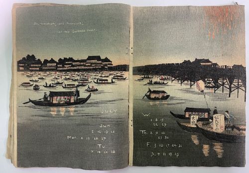 An open Japanese crepe paper calendar from 1903 displaying muted woodblock illustrations and crinkled paper texture. View X