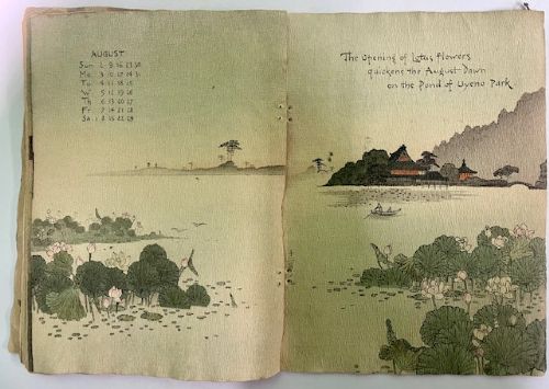 An open Japanese crepe paper calendar from 1903 displaying muted woodblock illustrations and crinkled paper texture. View XI
