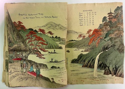 An open Japanese crepe paper calendar from 1903 displaying muted woodblock illustrations and crinkled paper texture. View XIV