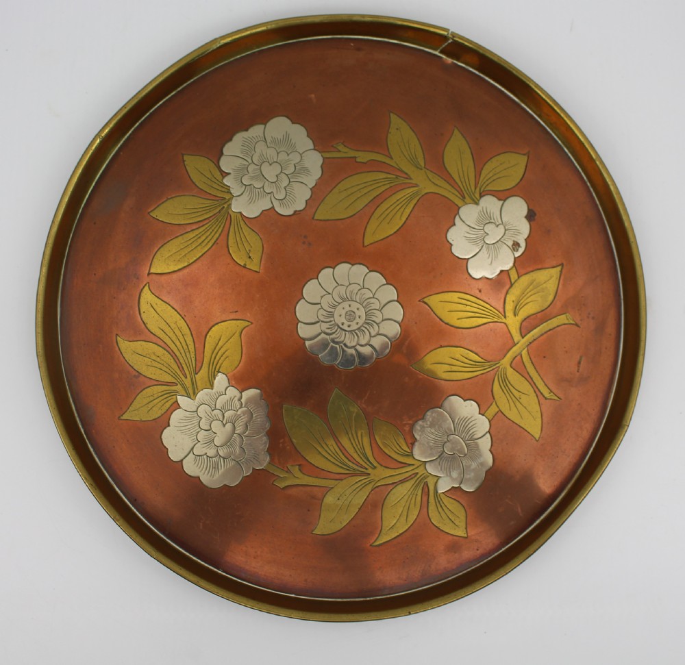 Japanese Mixed Metal Tray with Floral Inlay, Meiji Period
