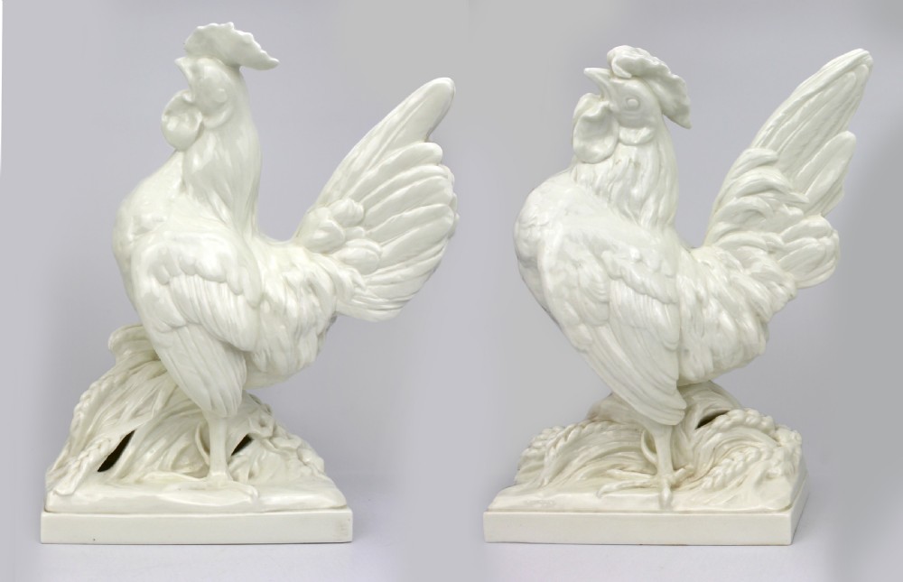 Pair of Royal Worcester Blanc de Chine Roosters – Modelled by A. Azori, Liseron 3581