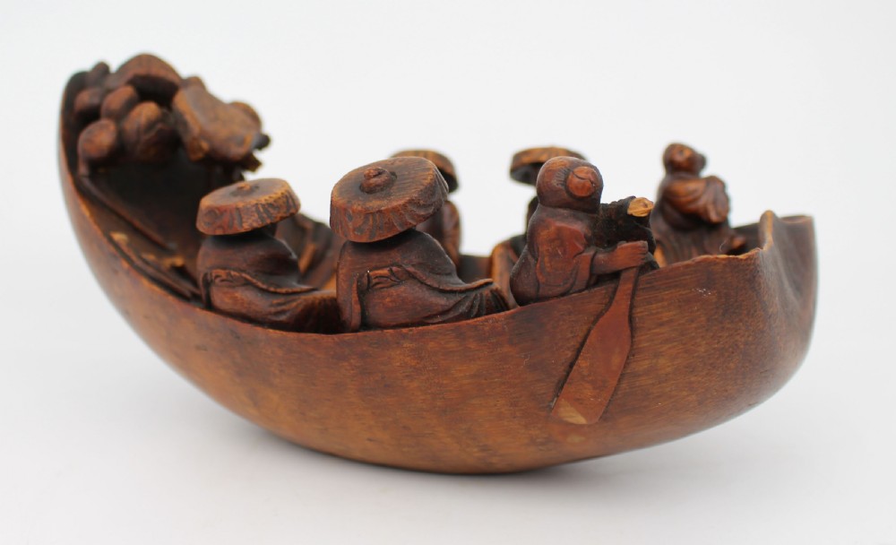 Antique Chinese Rootwood Boat Carving – Late Qing Dynasty