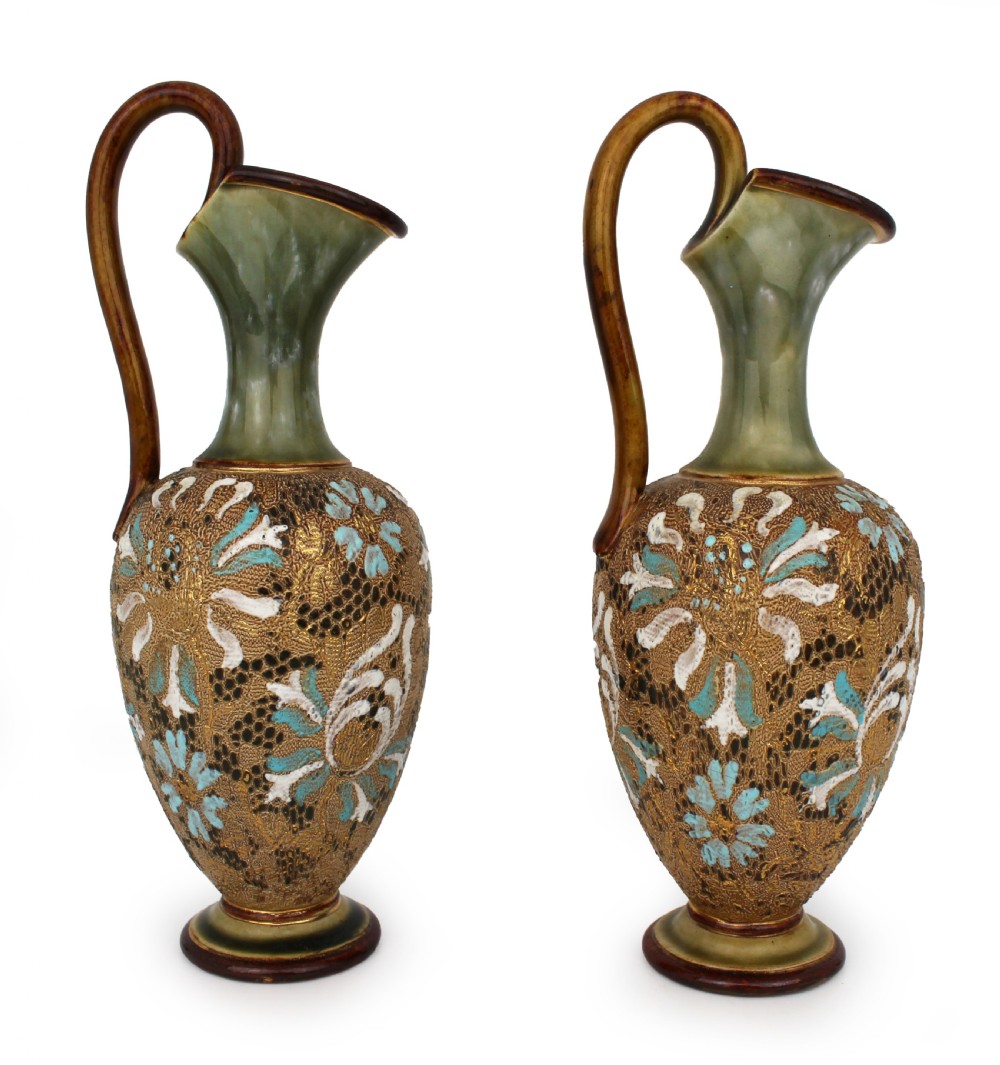 Pair of Edwardian Art Nouveau Doulton & Slaters Stoneware Ewers