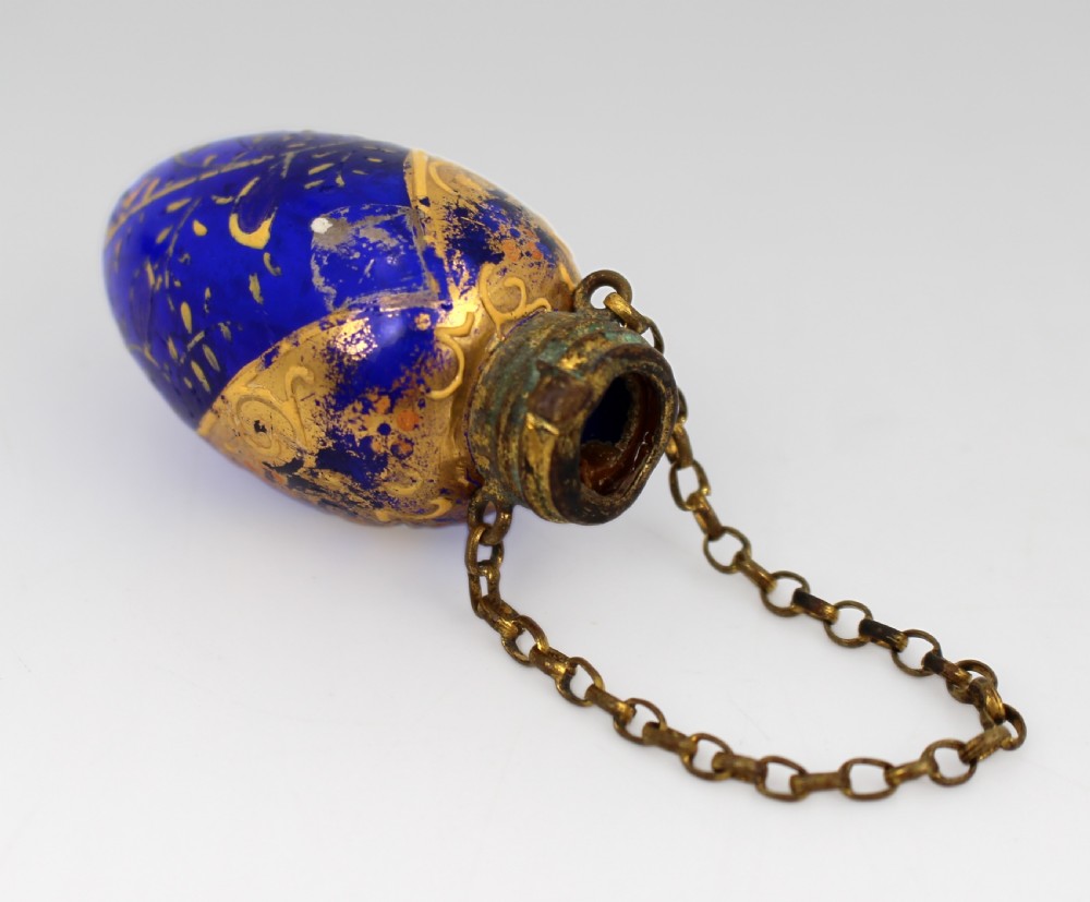 19th c. Bohemian Blue Glass Chatelaine Scent Bottle – Gilded & Enamelled View II
