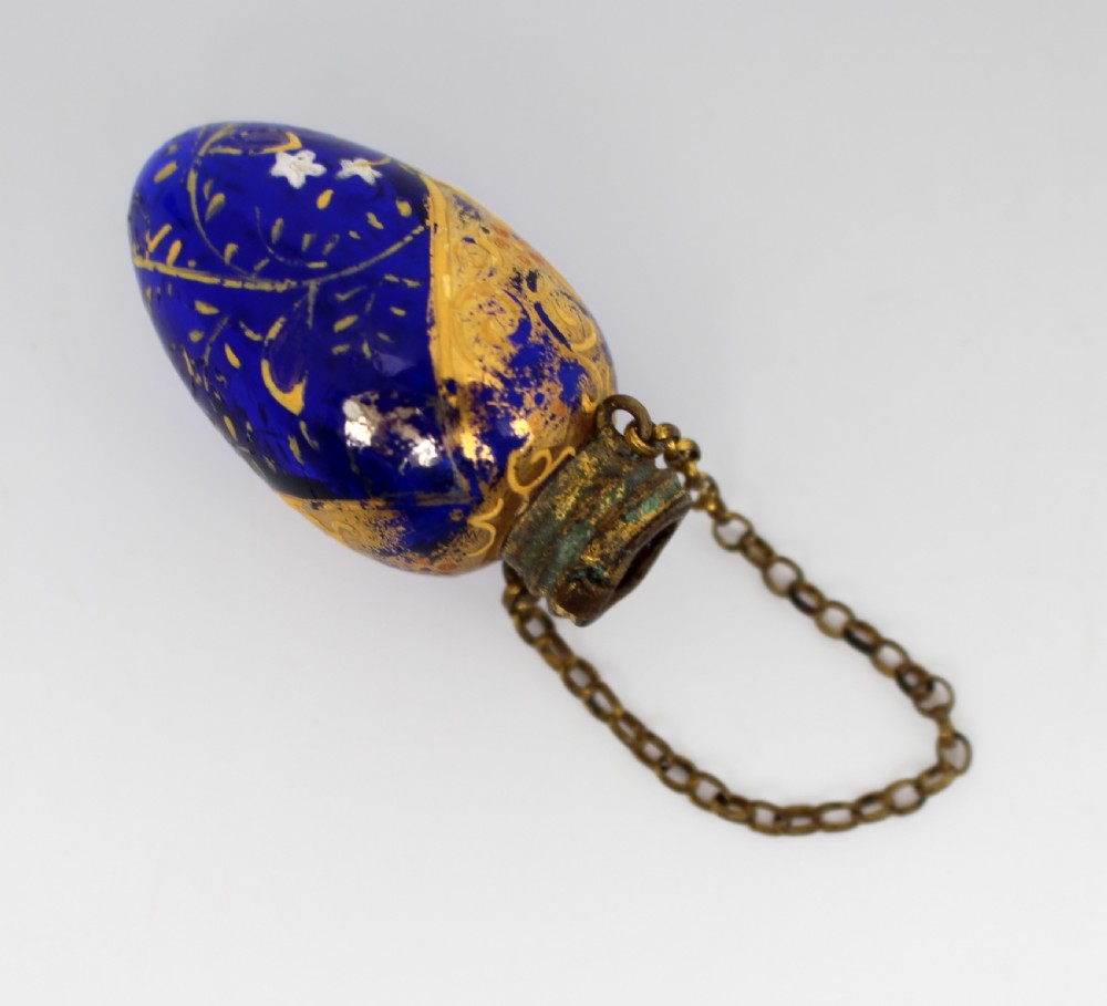 19th c. Bohemian Blue Glass Chatelaine Scent Bottle – Gilded & Enamelled View III