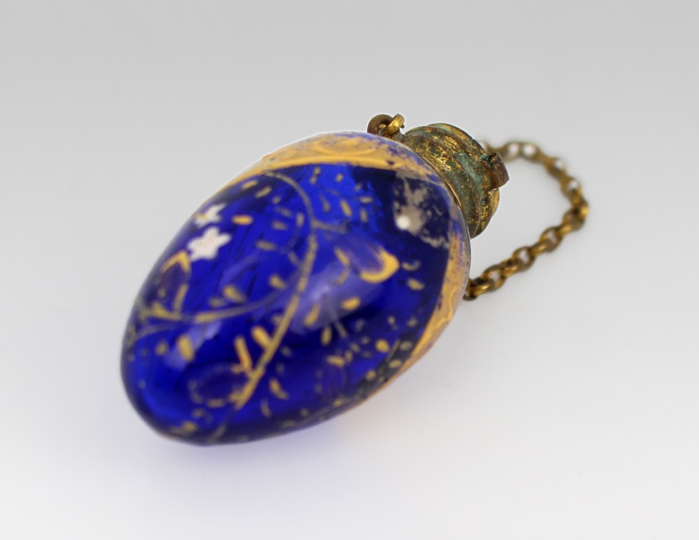 19th c. Bohemian Blue Glass Chatelaine Scent Bottle – Gilded & Enamelled View IV