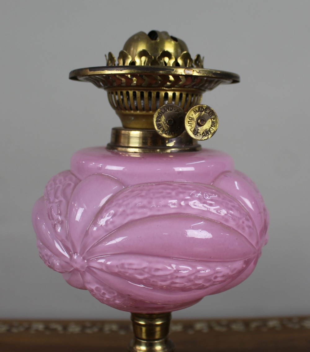 Victorian Brass Oil Lamp with Pink Glass Font, c.1880 View II