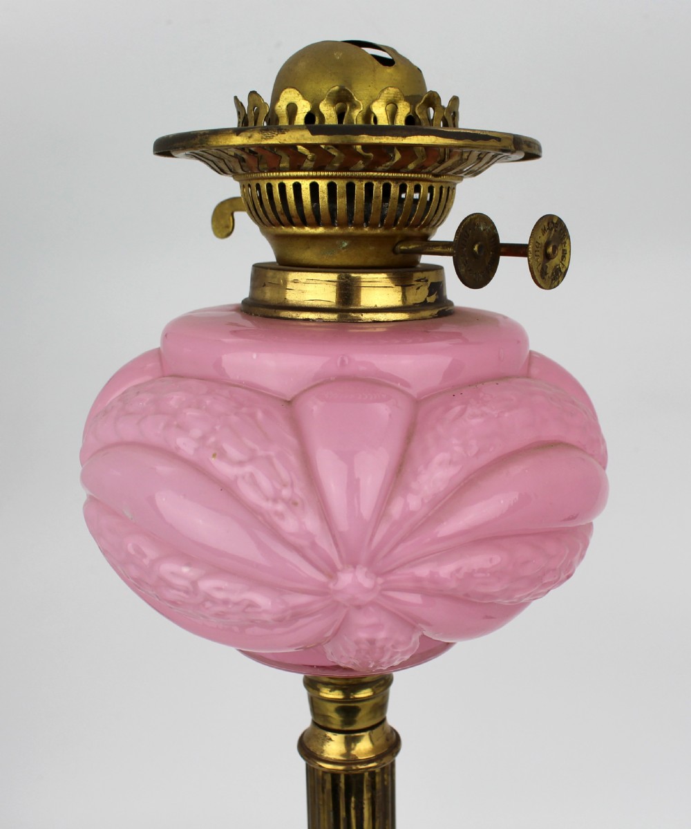 Victorian Brass Oil Lamp with Pink Glass Font, c.1880 View V