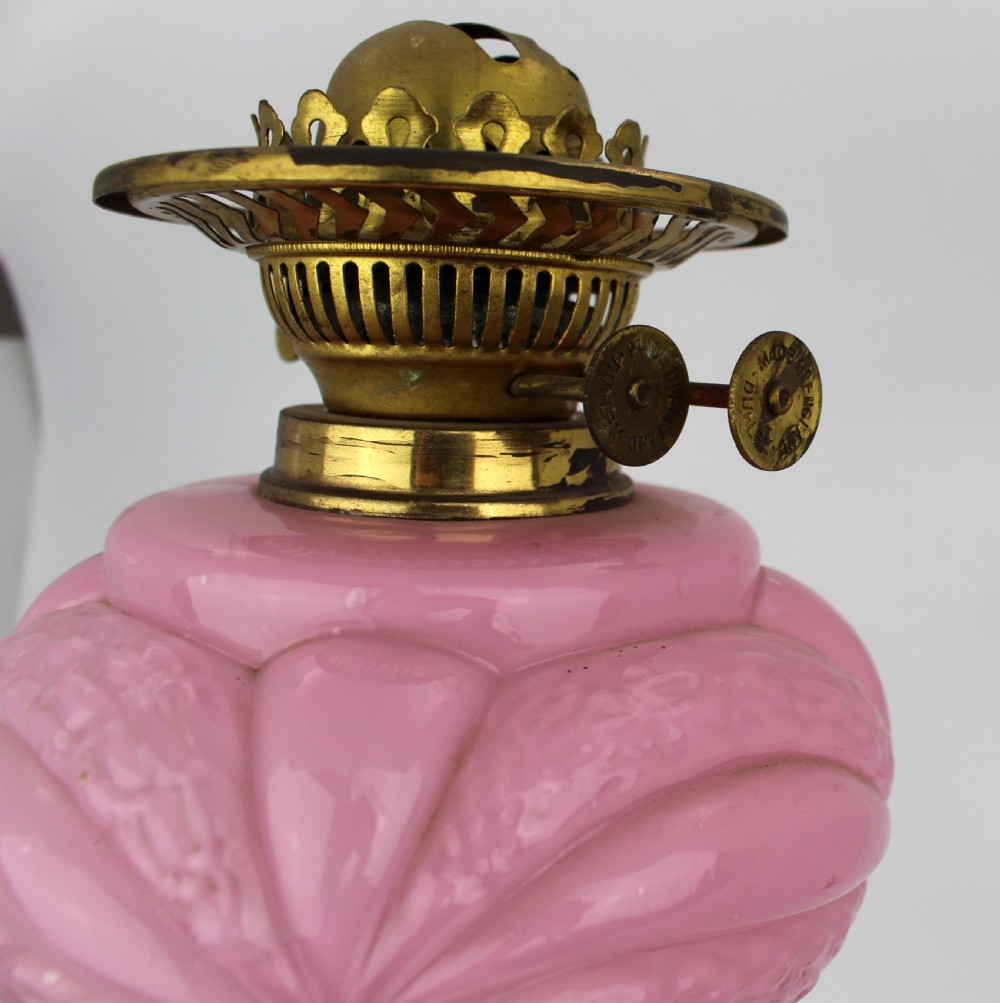 Victorian Brass Oil Lamp with Pink Glass Font, c.1880 View VII