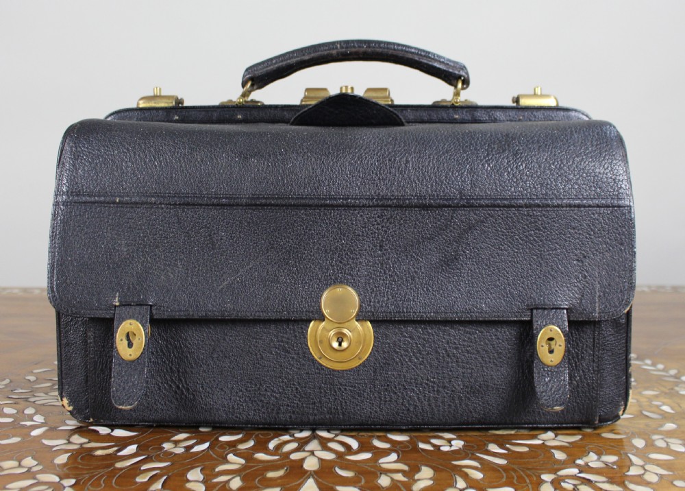 Edwardian Black Leather Gladstone Bag with Document Wallets