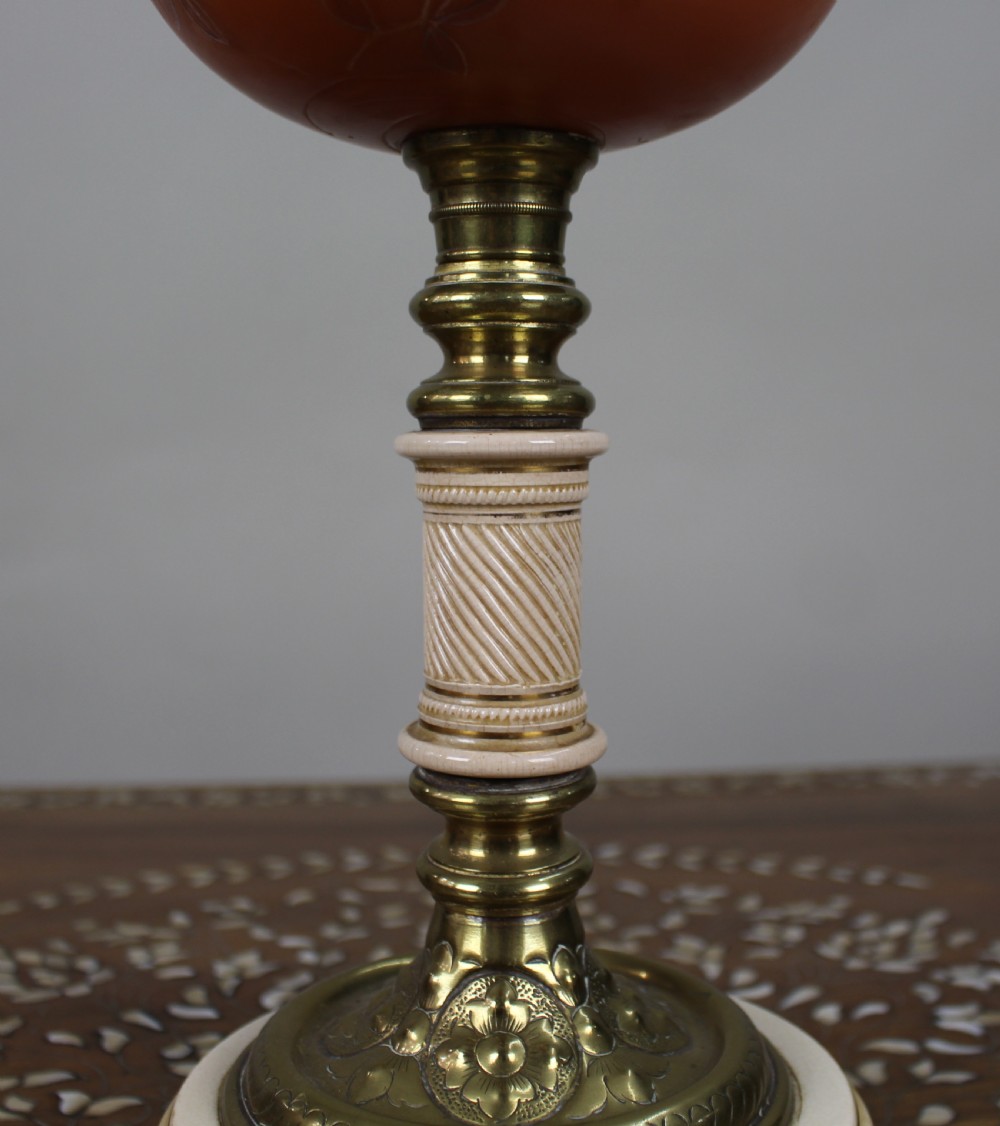 Victorian Oil Lamp with Painted Floral Font and Duplex Burner, c.1890 View III