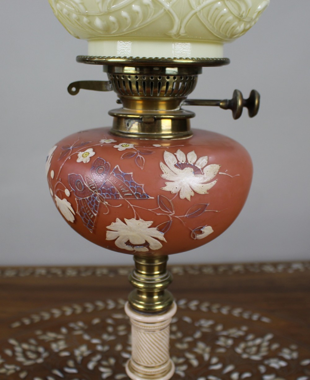 Victorian Oil Lamp with Painted Floral Font and Duplex Burner, c.1890 View IV