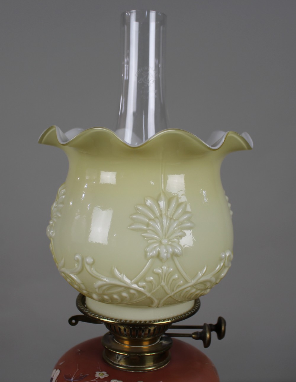 Victorian Oil Lamp with Painted Floral Font and Duplex Burner, c.1890 View V