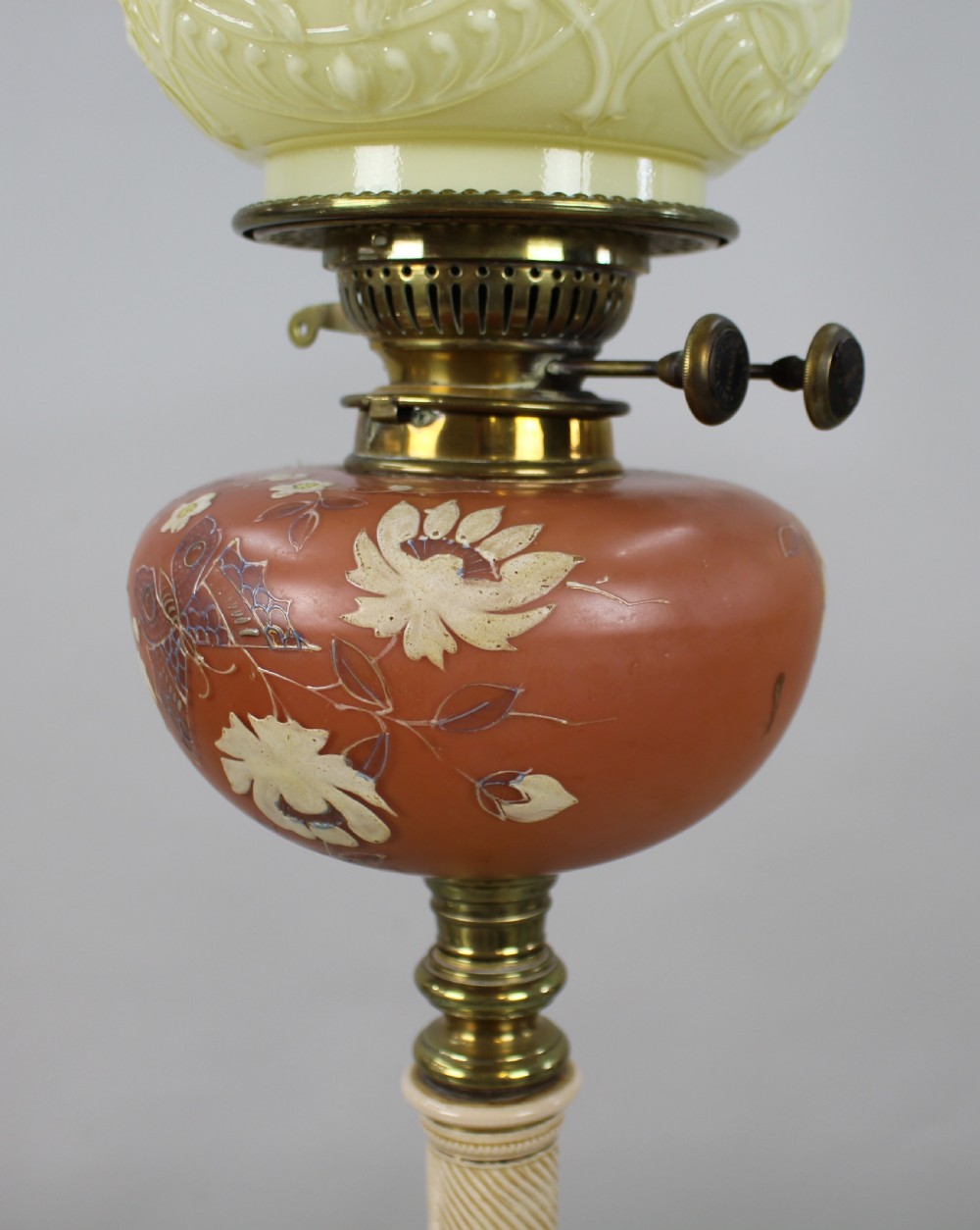 Victorian Oil Lamp with Painted Floral Font and Duplex Burner, c.1890 View X