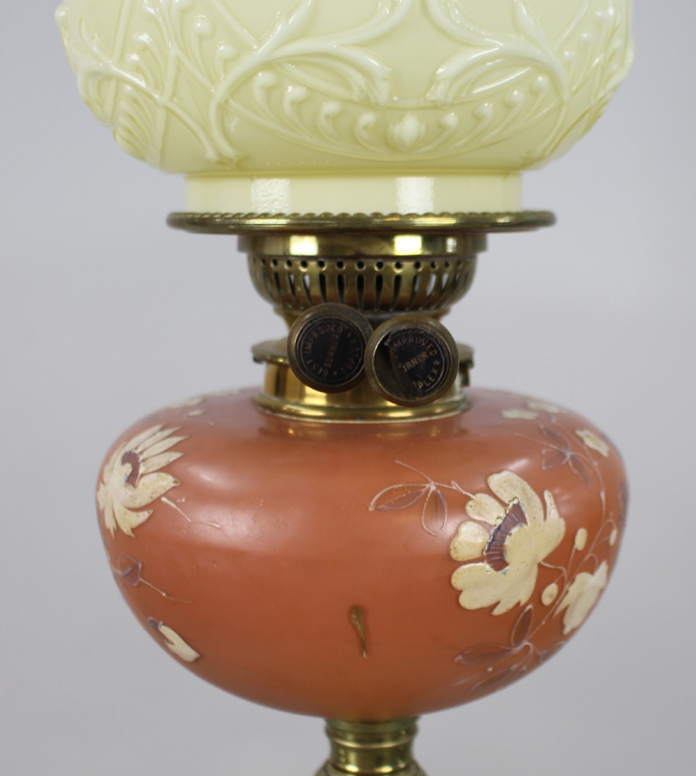 Victorian Oil Lamp with Painted Floral Font and Duplex Burner, c.1890 View XI