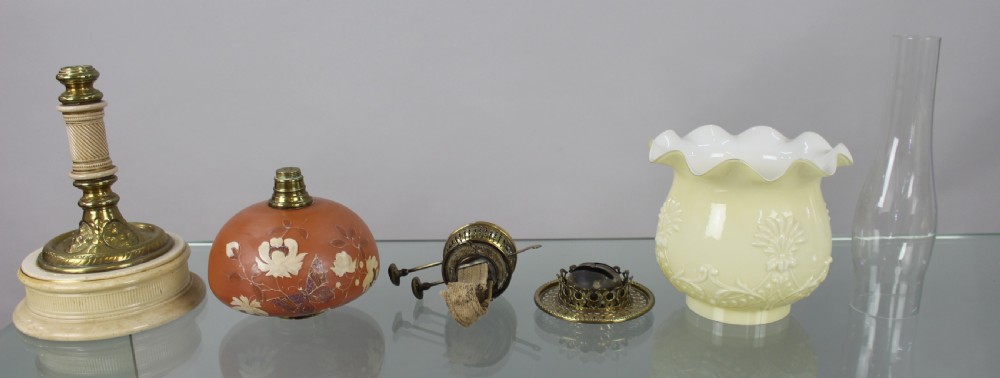 Victorian Oil Lamp with Painted Floral Font and Duplex Burner, c.1890 View XII