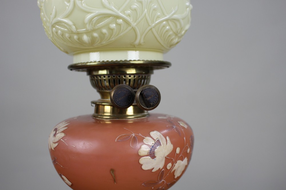 Victorian Oil Lamp with Painted Floral Font and Duplex Burner, c.1890 View XIV
