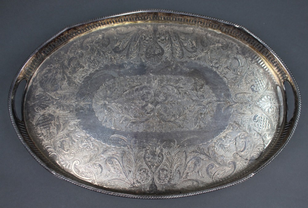 Antique Sheffield Silver Plated Oval Gallery Serving Tray c.1900 View II