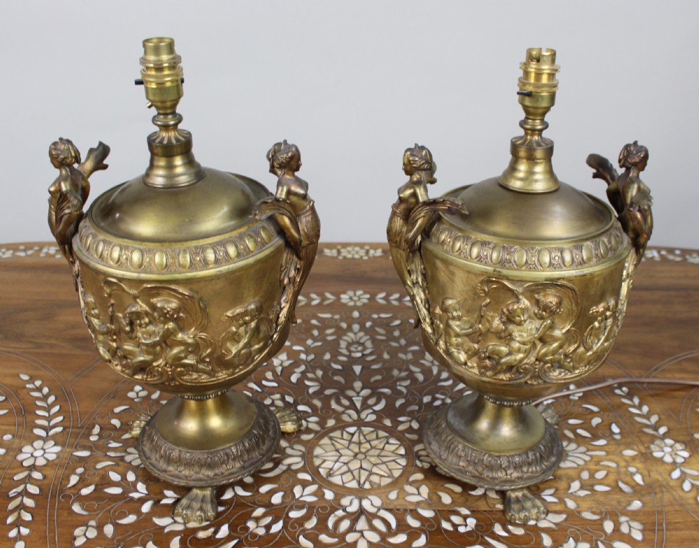 Pair of French Gilt Bronze Urn Lamps with Putti Reliefs, circa 1900 View II