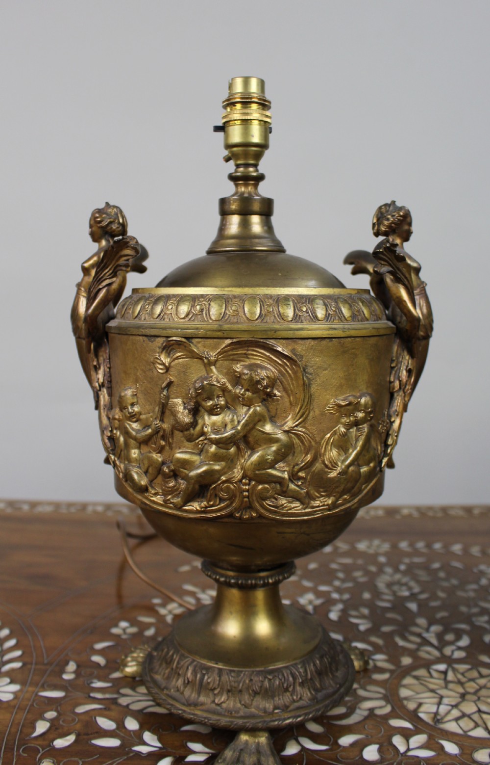 Pair of French Gilt Bronze Urn Lamps with Putti Reliefs, circa 1900 View III
