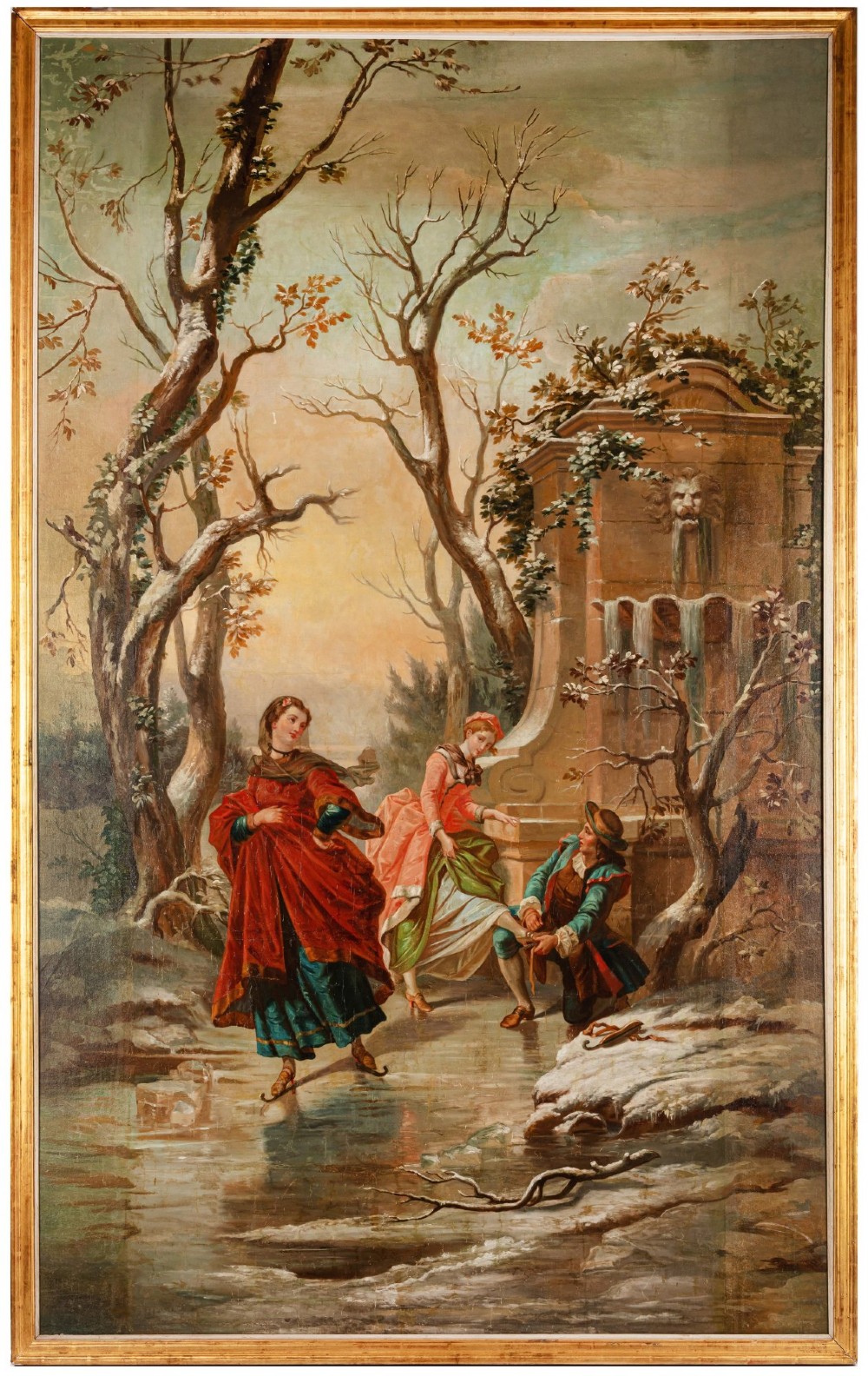 Monumental French Oil Painting of Elegant Skaters in a Winter Landscape, Late 19th Century