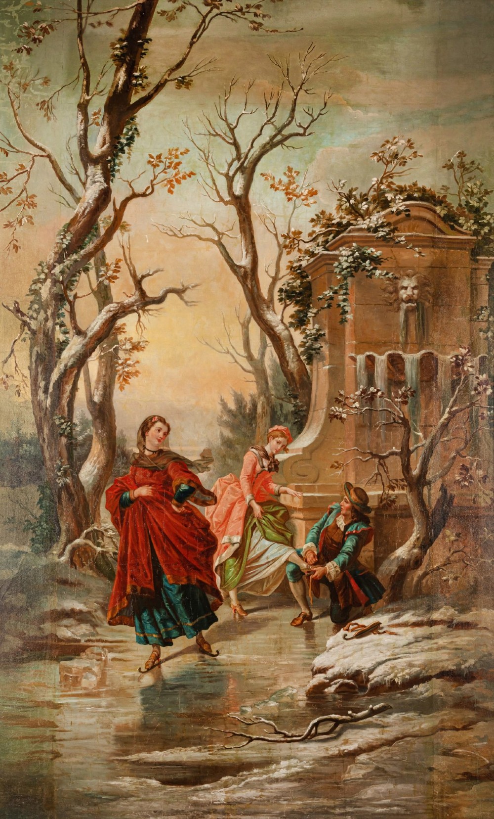 Monumental French Oil Painting of Elegant Skaters in a Winter Landscape, Late 19th Century View II