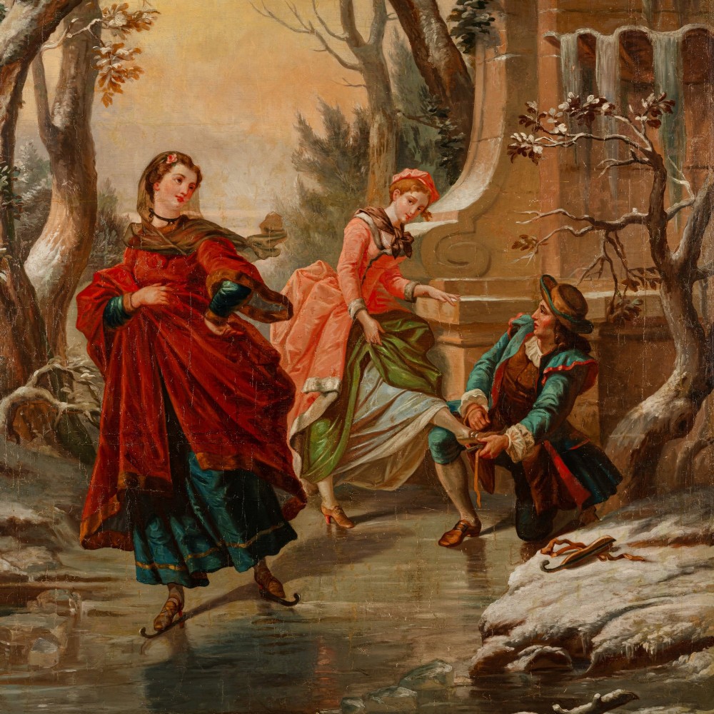 Monumental French Oil Painting of Elegant Skaters in a Winter Landscape, Late 19th Century View III