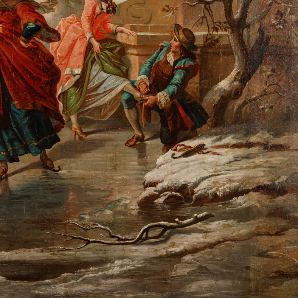 Monumental French Oil Painting of Elegant Skaters in a Winter Landscape, Late 19th Century View VI