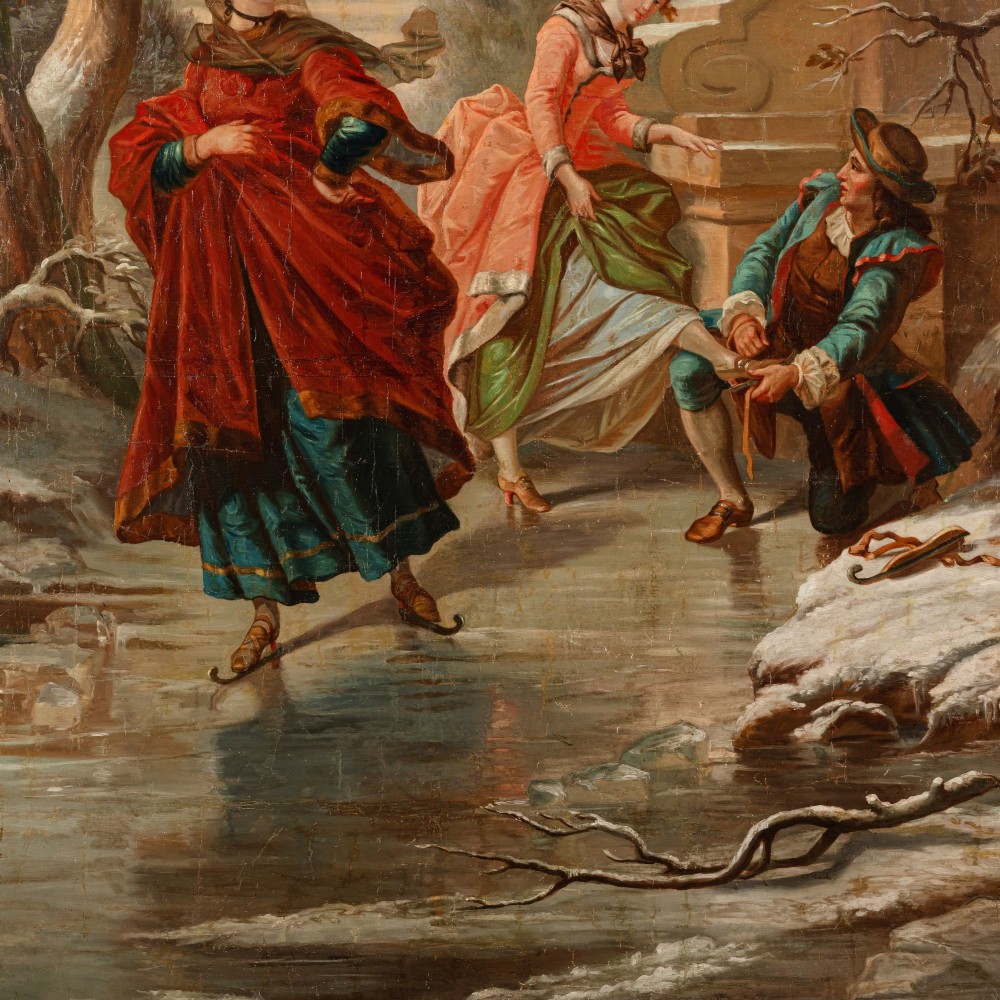 Monumental French Oil Painting of Elegant Skaters in a Winter Landscape, Late 19th Century View VII