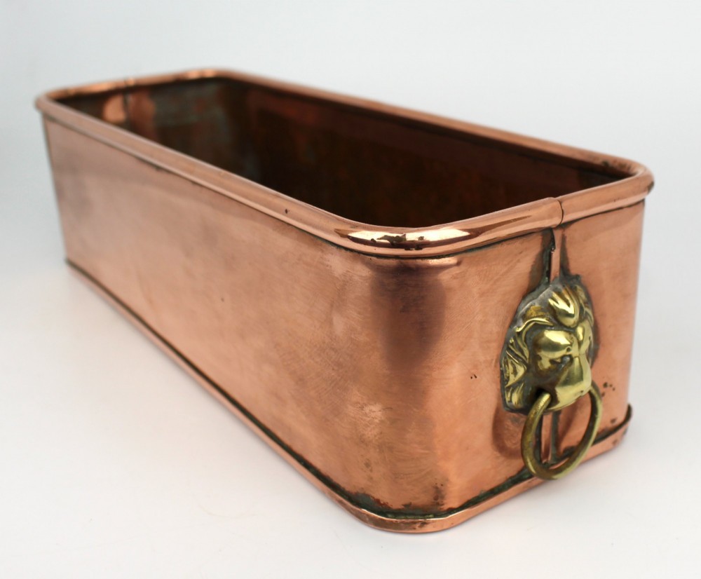 Antique Victorian Copper Jardinière with Brass Lion Mask Ring Handles, c.1890 View III