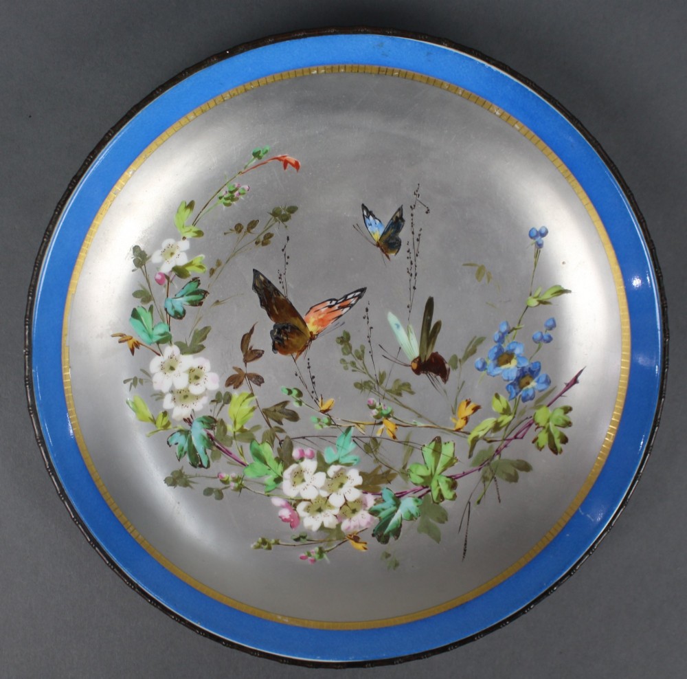 Antique Continental Porcelain Platinum Dish with Gilt Bronze Rim