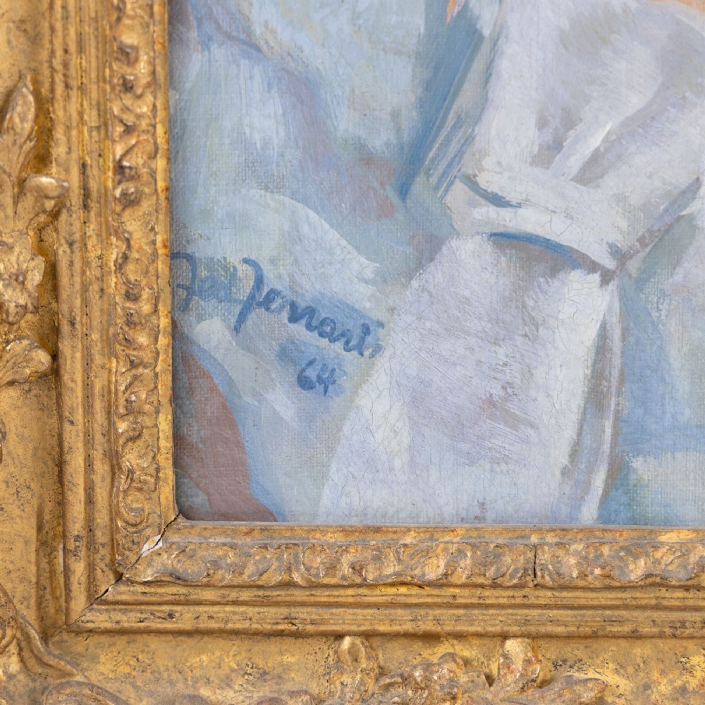 A pair of mid-20th-century oil portrait paintings depicting a gentleman and a lady in ornate swept gilt frames. View IX