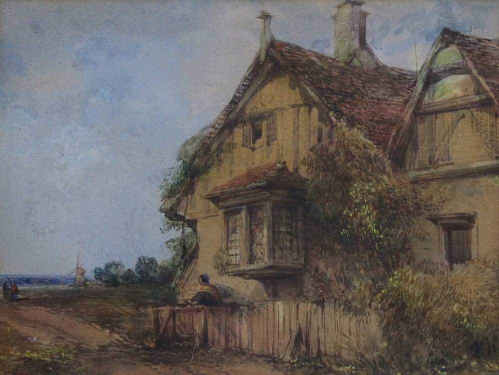 A framed watercolour painting depicting a timber-framed English rural cottage under a soft blue sky set in a gilt frame with a white mount. View II