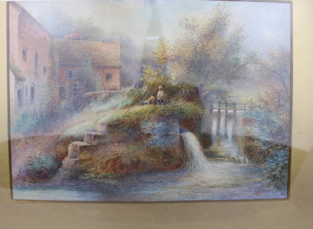 Framed antique watercolour painting by Harry Stinton depicting a rural landscape with a watermill, river, and figures in a gilt frame. View II