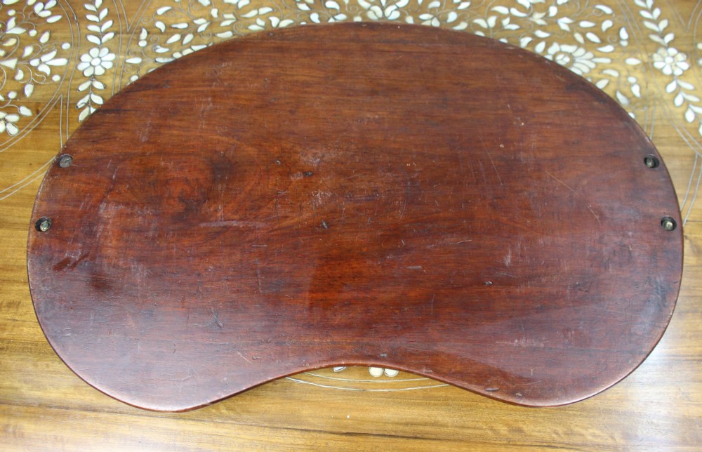 A kidney-shaped mahogany serving tray with central marquetry inlay, a scalloped gallery rim, and two brass handles. View V