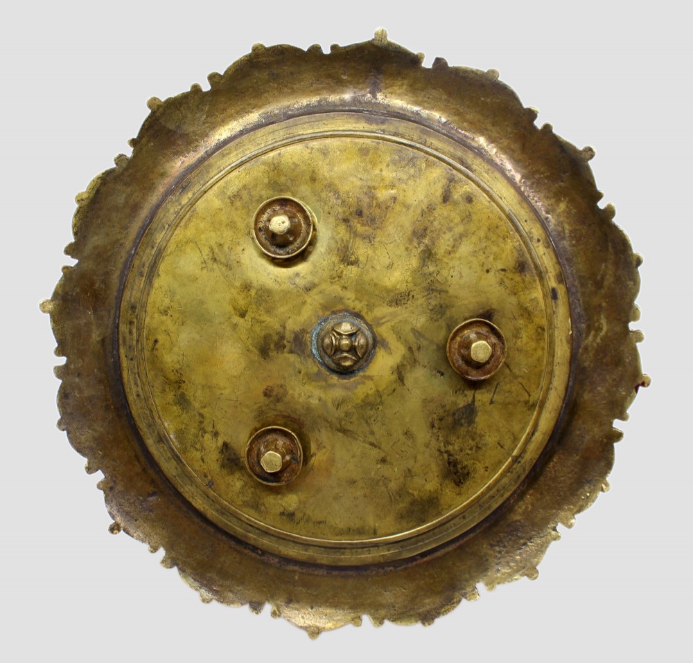 A 19th-century cast brass writing desk set featuring an ornate rimmed tray, two urn-shaped pots, and a small chamberstick. View XIV