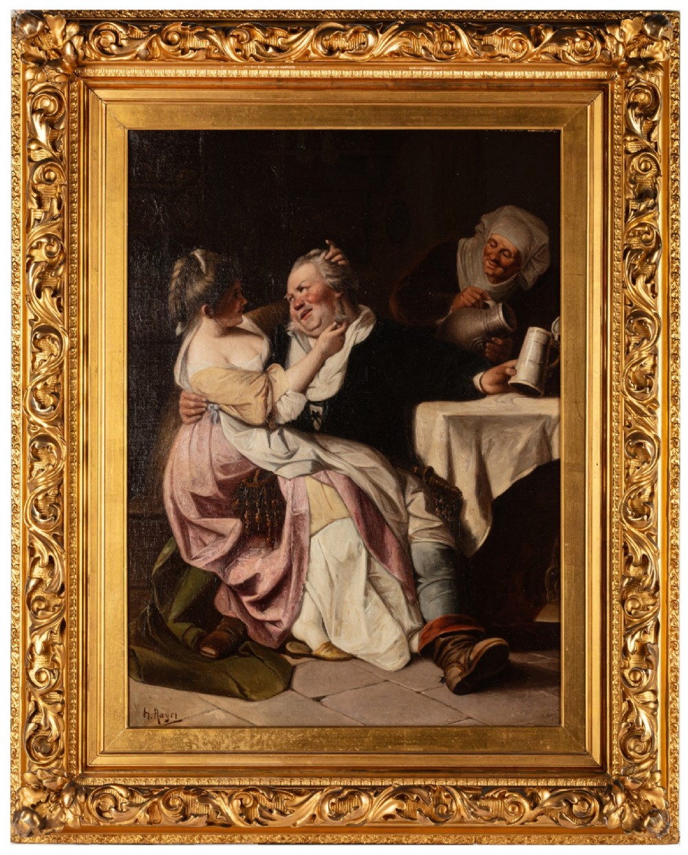 A late 19th-century oil painting depicting three figures in a tavern setting, presented in an ornate carved gold gilt frame.