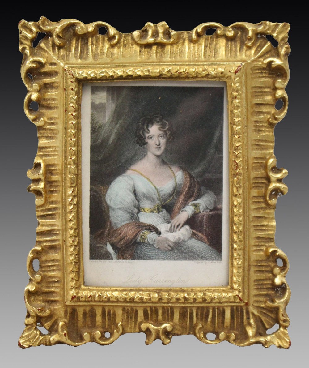 An early 19th-century coloured mezzotint portrait print depicting Lady Carrington, presented inside an ornate carved gold-gilded frame. View VI