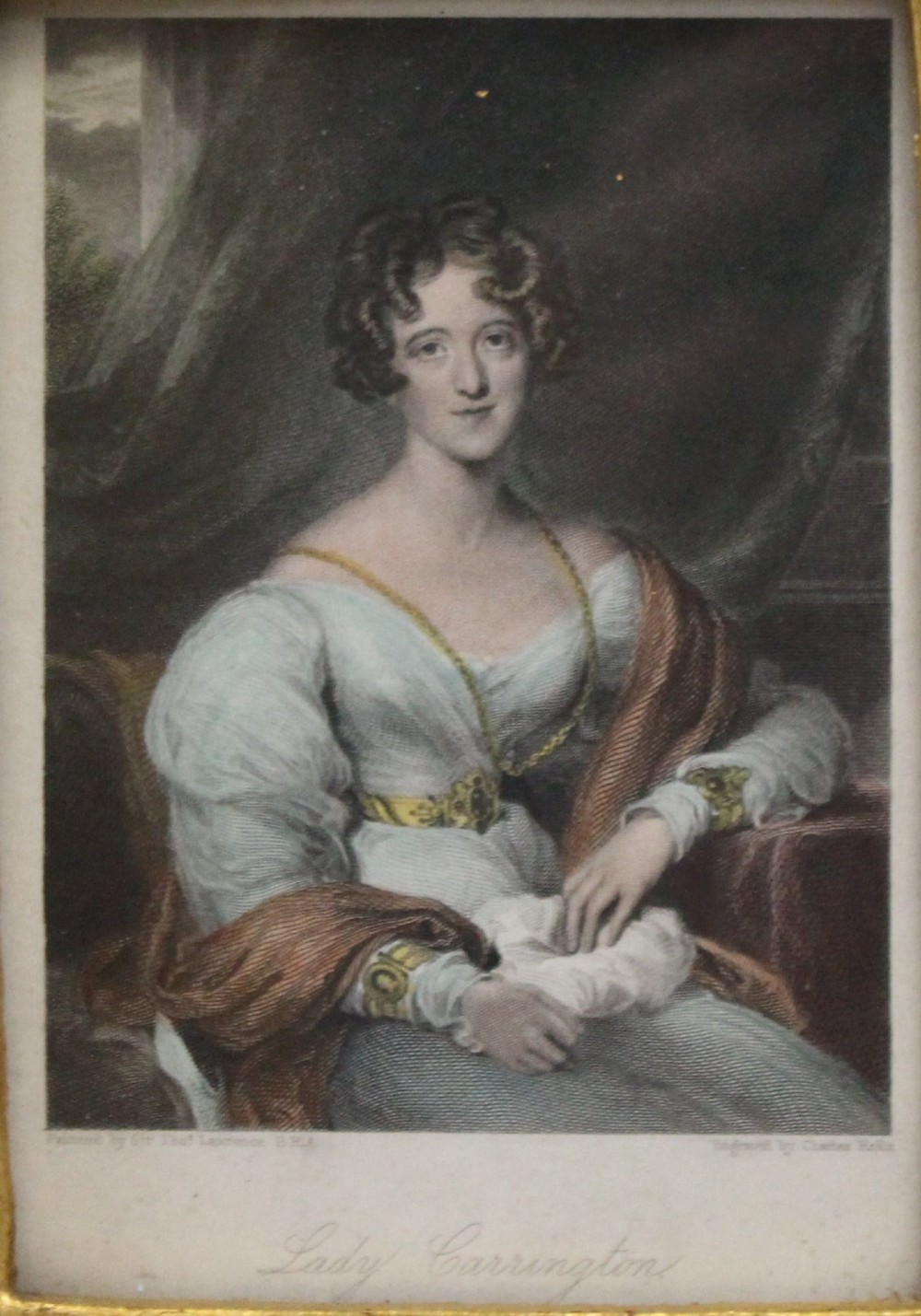 An early 19th-century coloured mezzotint portrait print depicting Lady Carrington, presented inside an ornate carved gold-gilded frame. View VII