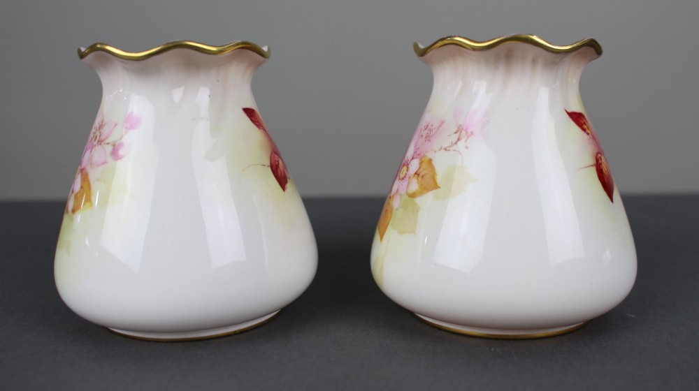 A pair of small white porcelain vases with wavy gilded rims, hand-painted with ripe blackberries, blossoms, and autumn foliage. View VIII