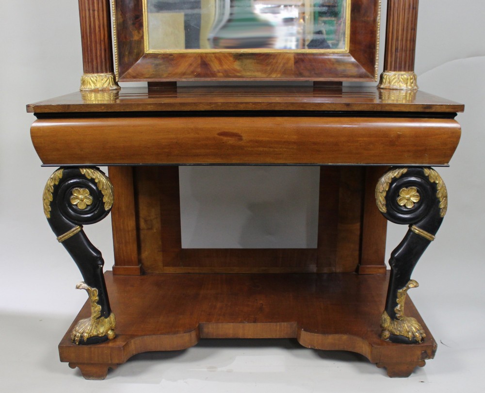 An antique mahogany pier console table featuring carved parcel gilt columns, ebonised monopodia legs with paw feet, and an integrated rectangular pier mirror. View XIV